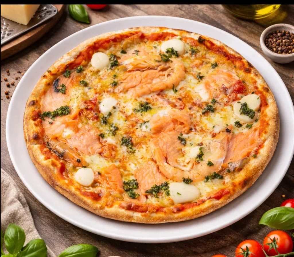 Large signature pizza with basil and tomato slices