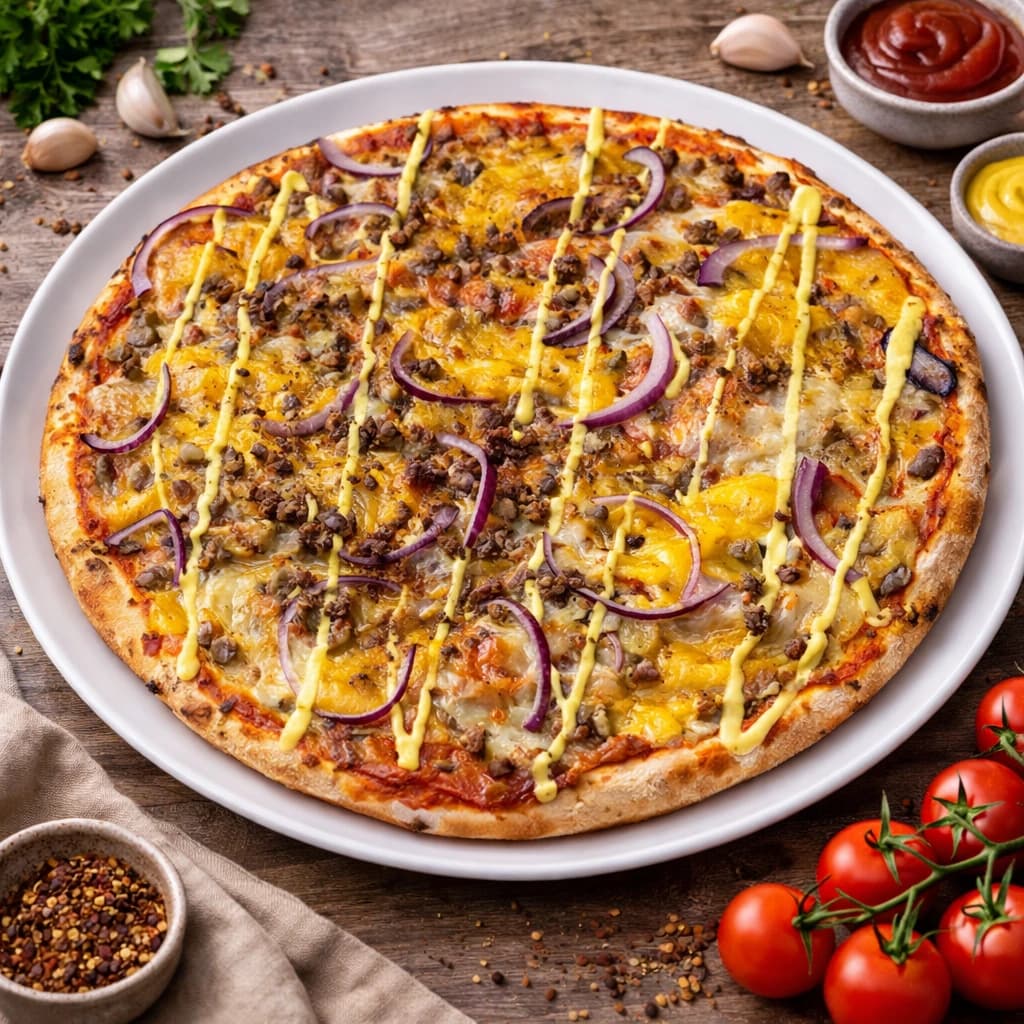Kebab style pizza on a plate